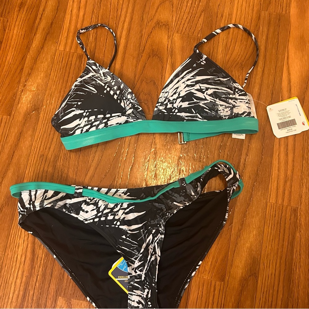 Fabletics Black & White Abstract Print Bikini with Teal Trim